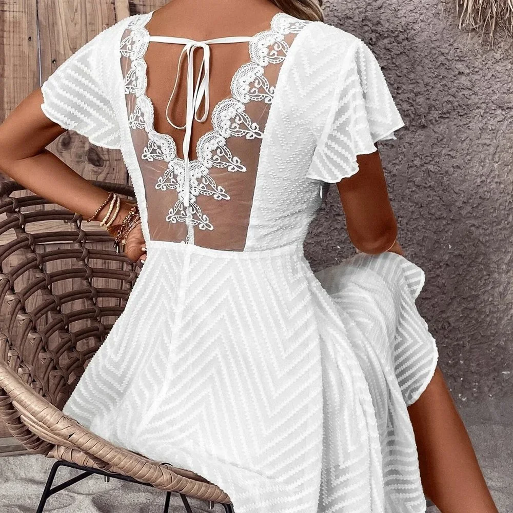 White Preppy Womens Contrast Lace Tie Backless Butterfly Sleeve Dress - Picture 3 of 5